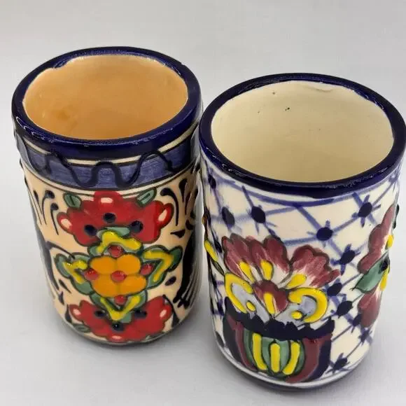 Handmade Mexican Talavera Pottery Highball Glasses Tumblers Set of 2 Floral - Picture 2 of 7